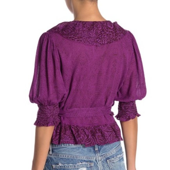 Free People Olivia Printed Purple Puff Sleeve Wrap Top, Size S - New - Picture 11 of 11